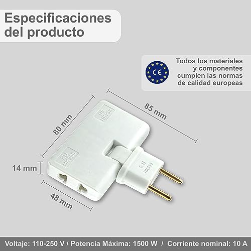 3-Stars | Pack 2 Unid. | Ladrón Enchufe Plano de 3 Tomas | Diseño Fino: Ideal para Espacios reducidos | Cabezal Giratorio 180º | Adaptador Americano y Europeo | 250 V. - Toma Tierra 10A.