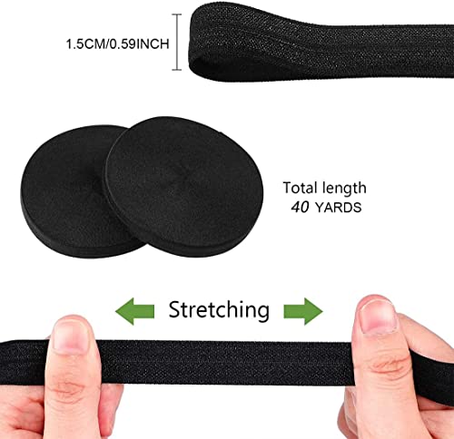 36.5m, 1,5 cm de ancho, Elástico Plegable, Bandas De Goma Plegables, Cinta De Costura Para Recortar, Banda Elástica Para Scrunchies, Diademas, Lazos Para El Pelo, Manualidades (Negro)