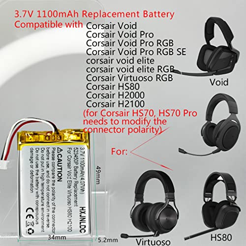 3.7V 523450P 1100mah Batería de Repuesto para Corsair Void Elite RGB,Corsair Virtuoso RGB Corsair Void，Corsair Void Pro，Corsair Void Pro RGB，Corsair Void Pro RGB SE,H2100 Auriculares inalámbricos