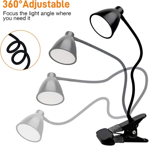 38LED Lámpara de Escritorio con Pinza, Luz de Lectura 3 Modos/10 Brillos, LED Lámpara de Pinza con 360 °Cuello Flexible, Lámpara de Mesa Protección Ocular/Carga USB para Oficina,Dormitorio,Cama-Negro