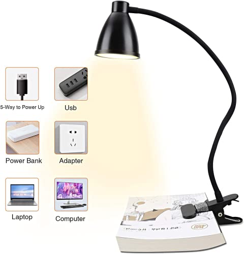 38LED Lámpara de Escritorio con Pinza, Luz de Lectura 3 Modos/10 Brillos, LED Lámpara de Pinza con 360 °Cuello Flexible, Lámpara de Mesa Protección Ocular/Carga USB para Oficina,Dormitorio,Cama-Negro