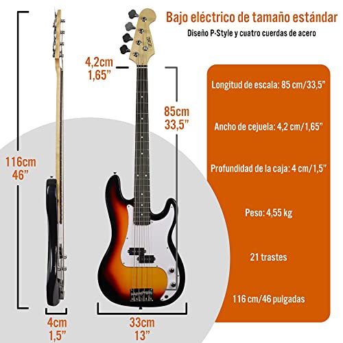 3rd Avenue Pack de bajo eléctrico de tamaño estándar 4/4 para principiantes con amplificador de 15W, funda de transporte, cable, correa, soporte y cuerdas de repuesto, Sunburst