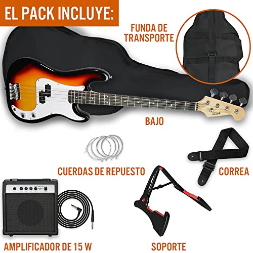 3rd Avenue Pack de bajo eléctrico de tamaño estándar 4/4 para principiantes con amplificador de 15W, funda de transporte, cable, correa, soporte y cuerdas de repuesto, Sunburst