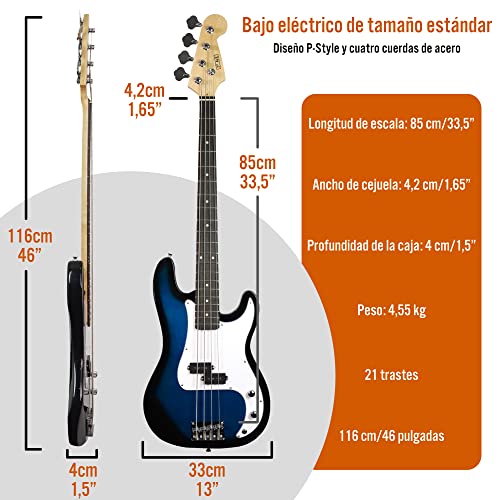 3rd Avenue Pack de bajo eléctrico de tamaño estándar 4/4 para principiantes de 3rd Avenue con amplificador de 15 W, afinador, funda de transporte, cable, correa, soporte y cuerdas de repuesto, Azul