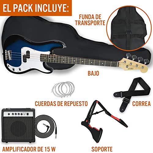 3rd Avenue Pack de bajo eléctrico de tamaño estándar 4/4 para principiantes de 3rd Avenue con amplificador de 15 W, afinador, funda de transporte, cable, correa, soporte y cuerdas de repuesto, Azul