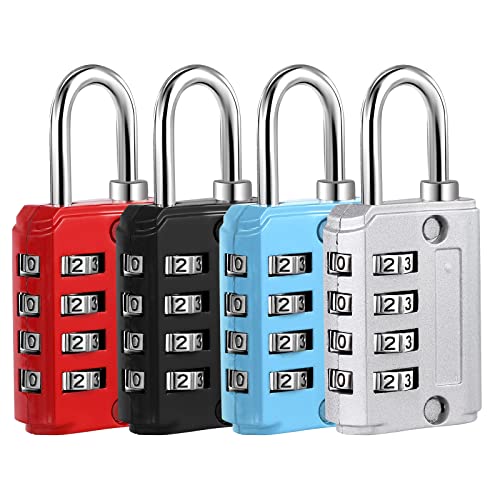 4 Piezas Candado de seguridad de Combinacion de 4 Digitos, Código para Taquilla de Gimnasio, Maleta deViaje, Equipaje (Plata, Negro, Azul, Rojo)