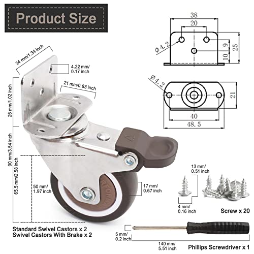 4 Ruedas Giratorias de 50 mm, para Muebles con Freno de goma en L Silenciosas con 20 Tornillos y Destornillador, Adecuadas para Cunas y Mesas, Aapacidad de Carga de 100 kg