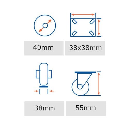 4 Ruedas para muebles giratorias con pletina de acero diámetro 40mm 30kg de carga por rueda