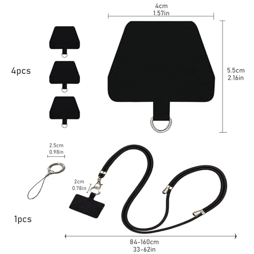 5 Piezas Cordón Correa para Teléfono Móvil Universal con Parches, Correa para el Cuello Ajustable on Llavero y Parche, Correa para Teléfono de Nailon, Compatible con Todos los Teléfonos(Negro)