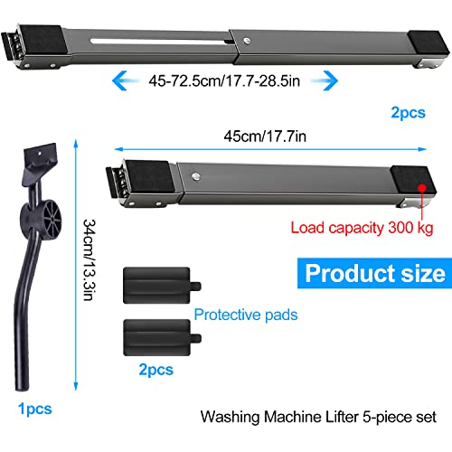 5 Piezas Kit Levantador de Muebles, Plataforma con Ruedas y Pastillas de Freno, Ajustable Soporte Lavadora Capacidad de Carga 300 Kg, Para Lavadora, Frigorífico, Secadora