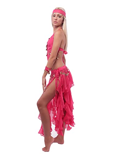 5 Piezas Traje de Danza del Vientre Profesional para Mujer, Conjunto de Accesorios Top y Falda Largas de Gasa para Disfraces India y Fiestas Temáticas, Talla única (Fucsia)