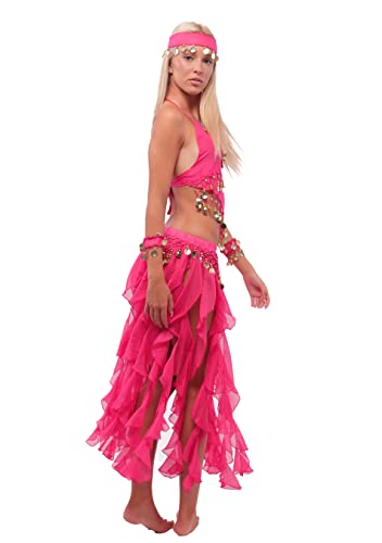 5 Piezas Traje de Danza del Vientre Profesional para Mujer, Conjunto de Accesorios Top y Falda Largas de Gasa para Disfraces India y Fiestas Temáticas, Talla única (Fucsia)