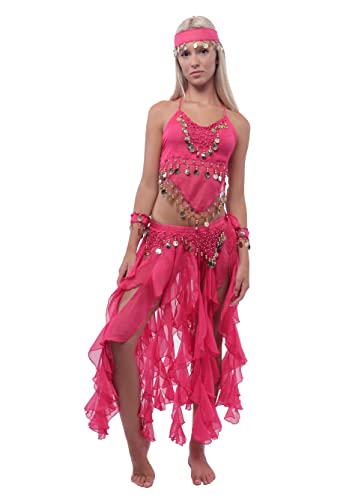 5 Piezas Traje de Danza del Vientre Profesional para Mujer, Conjunto de Accesorios Top y Falda Largas de Gasa para Disfraces India y Fiestas Temáticas, Talla única (Fucsia)