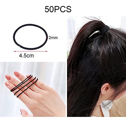 50 Piezas Gomas de pelo sin Metal Suave, 2 mm en Espesor para Niñas Pequeñas Coleteros Elásticos para Pelo Grueso y Rizado para Mujeres, Negro