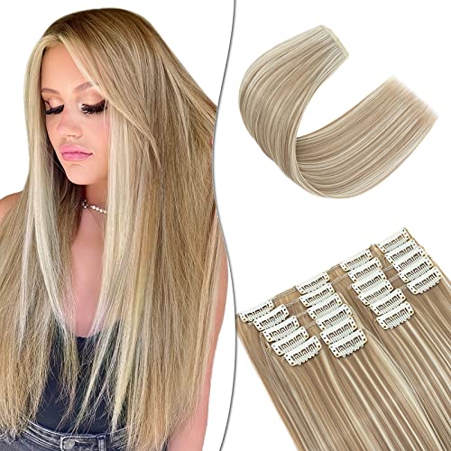 55cm SEGO Extensiones de Clip de 12 Piezas con 22 Clips Pelo Sintético Se Ve Natural Liso Cabello Postizo Invisible (Sandy Rubio mezcla Blanqueador Rubio,180g)