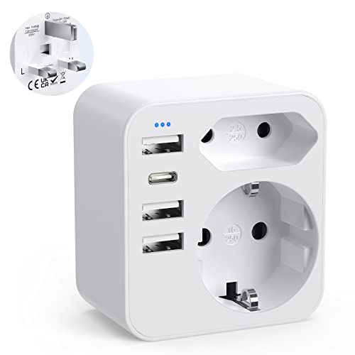 6 en 1 Adaptador Enchufe Europeo a UK con 3 USB+1 Tipo C+ 2 Schuko España,Adaptador Enchufe Inglaterra para Irlanda Ingles Escocia Britanico Maldivas（Tipo G）