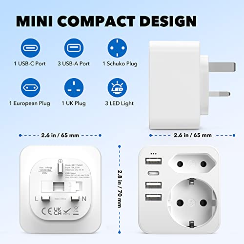 6 en 1 Adaptador Enchufe Europeo a UK con 3 USB+1 Tipo C+ 2 Schuko España,Adaptador Enchufe Inglaterra para Irlanda Ingles Escocia Britanico Maldivas（Tipo G）