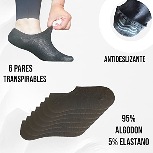 6 Pares de Calcetines hombre y mujer invisibles cortos transpirables de algodon - socks invisibles - Pinkis tobilleros finos y ultra suaves antideslizantes (35-40, NEGRO)