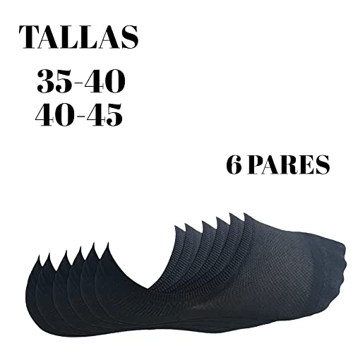 6 Pares de Calcetines hombre y mujer invisibles cortos transpirables de algodon - socks invisibles - Pinkis tobilleros finos y ultra suaves antideslizantes (35-40, NEGRO)