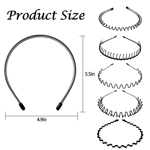 6 Piezas Diadema de metal para el pelo, Unisex Negro Primavera Diadema, Ondulada Deportes Cabello Aro, Con Dientes Antideslizantes Para Yoga Deportes al Aire Libre