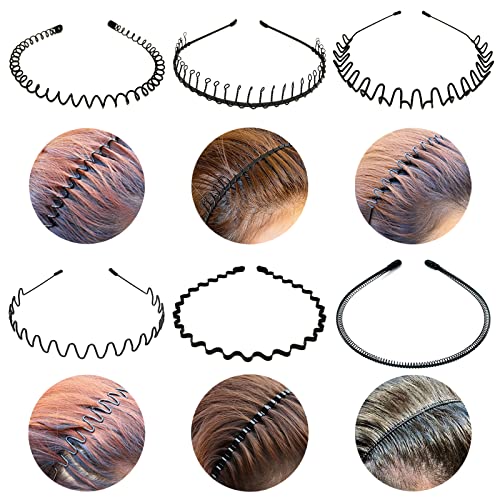 6 Piezas Diadema de metal para el pelo, Unisex Negro Primavera Diadema, Ondulada Deportes Cabello Aro, Con Dientes Antideslizantes Para Yoga Deportes al Aire Libre