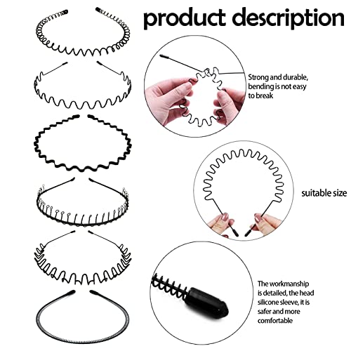 6 Piezas Diadema de metal para el pelo, Unisex Negro Primavera Diadema, Ondulada Deportes Cabello Aro, Con Dientes Antideslizantes Para Yoga Deportes al Aire Libre