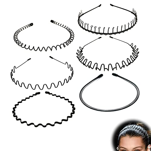 6 Piezas Diadema de metal para el pelo, Unisex Negro Primavera Diadema, Ondulada Deportes Cabello Aro, Con Dientes Antideslizantes Para Yoga Deportes al Aire Libre