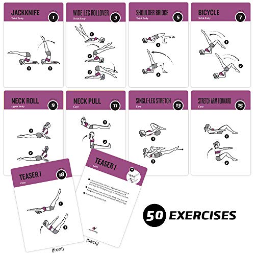 62 exercise cards for pilates for women and men: for home, gym or study: 50 mat exercises, 12 stretches, 6 total training routines