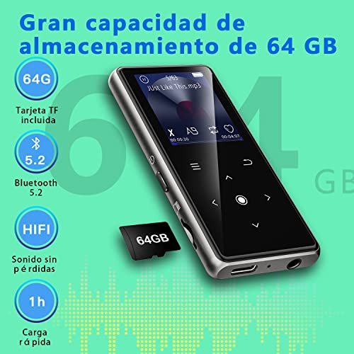 64GB Reproductor MP3, AiMoonsa Reproductor de Música con Bluetooth 5.2, Altavoz HD Integrado, Radio FM, Grabadora de Voz, Sonido HiFi, Función E-Book, Auriculares Incluidos