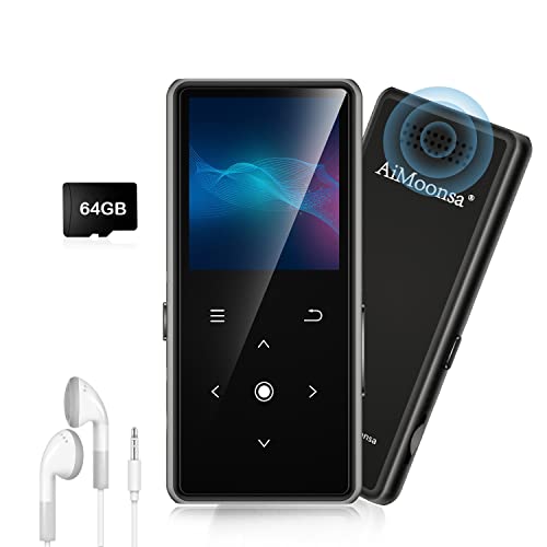 64GB Reproductor MP3, AiMoonsa Reproductor de Música con Bluetooth 5.2, Altavoz HD Integrado, Radio FM, Grabadora de Voz, Sonido HiFi, Función E-Book, Auriculares Incluidos