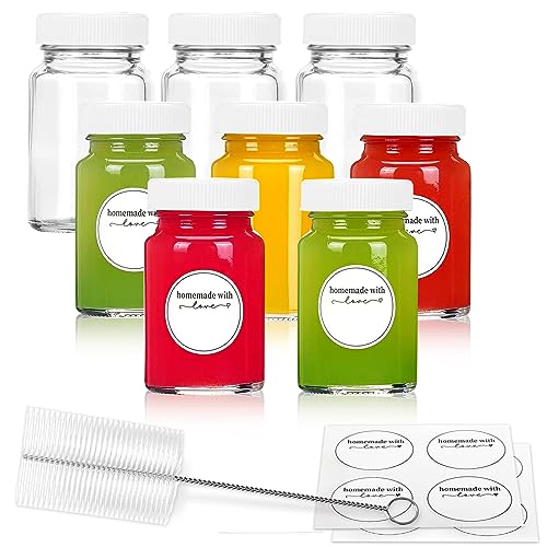 8 botellas de jugo de vidrio de 2 oz con tapa y etiquetas, vidrio transparente pequeño reutilizable para zumo, jengibre, spa de bienestar, muestra, mini botellas portátiles de viaje con boca ancha.