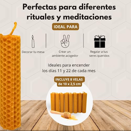 8 PCS - Velas de Miel de Abeja para Rituales 100% Natural Española Cera Pura - Hechas a Mano - Origen España - SIN PARAFINA (Pack de 8, 10 cm x 2,2 cm aproximadamente)