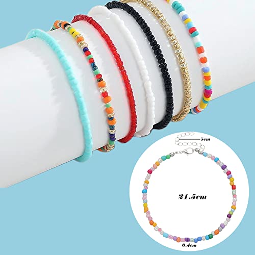 8 Piezas Pulseras Tobilleras Boho, VEGCOO Pulseras Tobilleras Hechas a Mano Con Cuentas, Tobilleras Ajustables para Verano, Joyería de Pie con Cuentas Coloridas para Mujeres y Niñas (A)