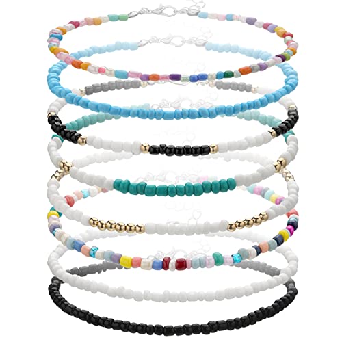 8 Piezas Pulseras Tobilleras Boho, VEGCOO Pulseras Tobilleras Hechas a Mano Con Cuentas, Tobilleras Ajustables para Verano, Joyería de Pie con Cuentas Coloridas para Mujeres y Niñas (A)