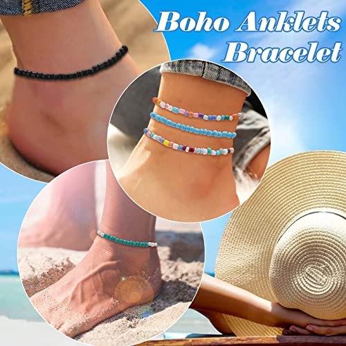 8 Piezas Pulseras Tobilleras Boho, VEGCOO Pulseras Tobilleras Hechas a Mano Con Cuentas, Tobilleras Ajustables para Verano, Joyería de Pie con Cuentas Coloridas para Mujeres y Niñas (A)