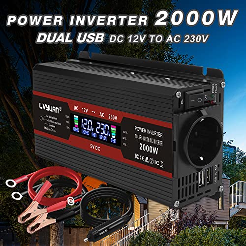 800w/2000w Inversor de Corriente Coche Onda modificada 12v a 220v 230v Transformador Enchufe EU, Dual USB con Pantalla LCD Monitor para Coche, Caravana, Barco, cámping