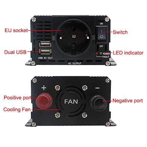 800w/2000w Inversor de Corriente Coche Onda modificada 12v a 220v 230v Transformador Enchufe EU, Dual USB con Pantalla LCD Monitor para Coche, Caravana, Barco, cámping