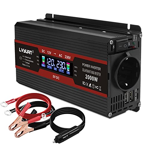 800w/2000w Inversor de Corriente Coche Onda modificada 12v a 220v 230v Transformador Enchufe EU, Dual USB con Pantalla LCD Monitor para Coche, Caravana, Barco, cámping