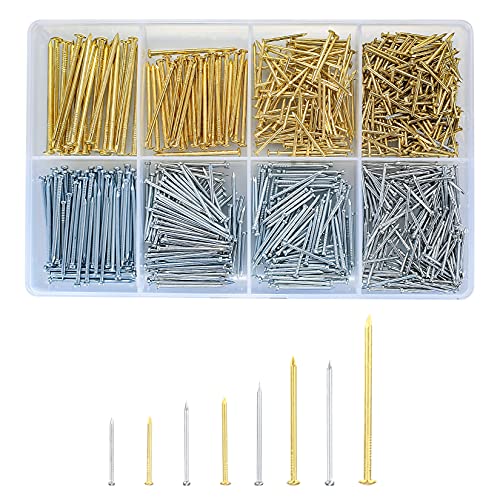 820 Piezas Clavos para Madera, Kit Surtido de Clavos de Hardware, Clavos DIY Decorativa para Colgar Cuadros y Carpintería - Oro/Plateado