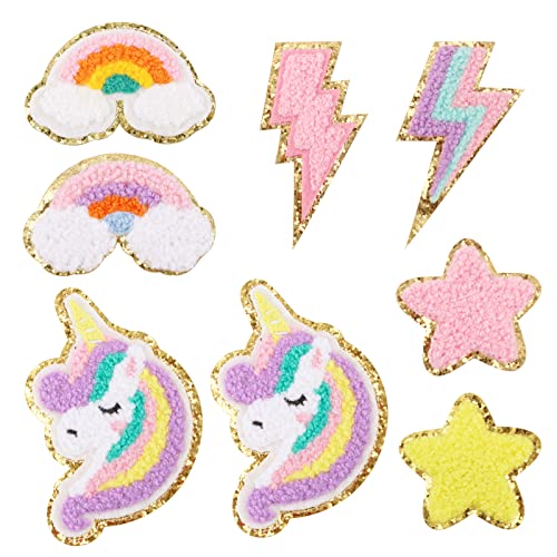 8pcs Parche de Ropa Termoadhesivo para Niñas Estilo Arcoíris Unicornio Relámpago Estrella Parche Decorativo Pegatinas Coser Plancha para Camiseta Pantalón Bolsas Ropa Jeans DIY Niñas