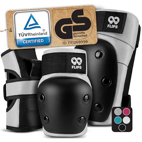 99FLIPS Protecciones Patines Adulto y Jóvenes - Protecciones Skate Adulto Set patines 4 ruedas - como Equipo de Protección Skateboard - patines en linea adulto - DIVE Talla M Gris