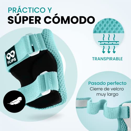 99FLIPS Protecciones Patines en Linea niña - Protecciones Skate niño Rodilleras Skateboard niño - Rodilleras y Coderas monopatin niña - Protectores Patines niña - Flash Talla XS Verde Menta