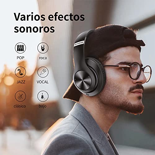 9S Auriculares Inalambricos Bluetooth Plegables, 60 Horas de Reproducción, Cascos Diadema Estéreo HiFi con Micrófono, 6EQ Modos, Soporte Micro TF/FM, Para PC/TV/Fones. (1-Negro)