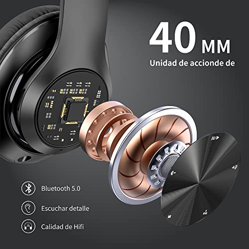 9S Auriculares Inalambricos Bluetooth Plegables, 60 Horas de Reproducción, Cascos Diadema Estéreo HiFi con Micrófono, 6EQ Modos, Soporte Micro TF/FM, Para PC/TV/Fones. (1-Negro)