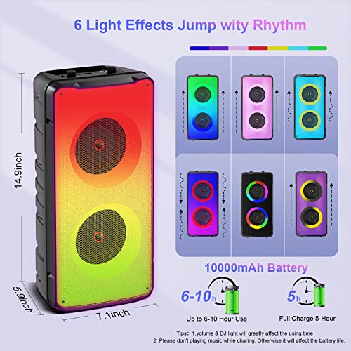 A67 Altavoces Bluetooth 5.0 estéreo, altavoz inalámbrico portátil de 60W (80W pico) con graves ricos, luces coloridas, batería de 10000 mAh, exterior para regalos de fiesta en casa.