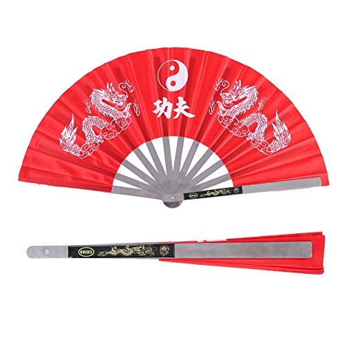 Abanico de Kung Fu, Abanico de Tai Chi Acero Inoxidable Nylon Robusto Deluxe Y Elegante para Artes Marciales para Espectáculos para Actuaciones de Danza(Rojo)