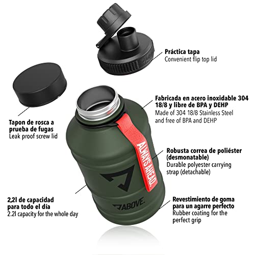 ABOVE. Botella de Acero Inoxidable 1,3-2,2L I con 2 Tapas I Sin BPA I XXL Water Jug I 2L Botella a prueba & robusta de fugas para Fitness, Deporte & Gimnasio I NO ES TÉRMICA (2.2L Oliva)