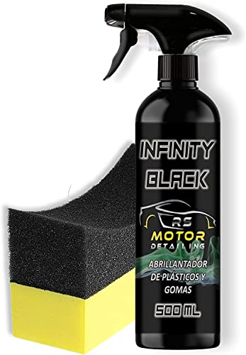 Abrillantador Hidratador de Plástico y Neumáticos Coche Moto Restaurador Gomas Viejas Recupera Brillo Negro Coche Interior y Exterior Uso Fácil para Lavado en Casa Rs Motor - Infinity Black 500ml