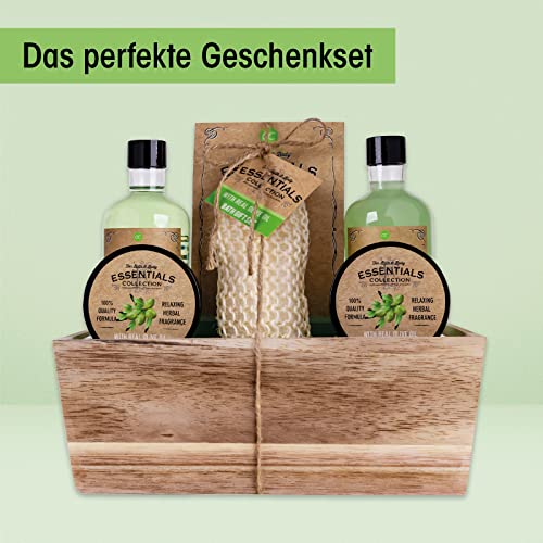 Accentra - set de ducha set de regalo para mujer OLIVE en una cesta de madera - set de cuidado de 6 piezas con gel de ducha, baño de burbujas, sales de baño, loción corporal y más, bienestar