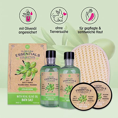 Accentra - set de ducha set de regalo para mujer OLIVE en una cesta de madera - set de cuidado de 6 piezas con gel de ducha, baño de burbujas, sales de baño, loción corporal y más, bienestar